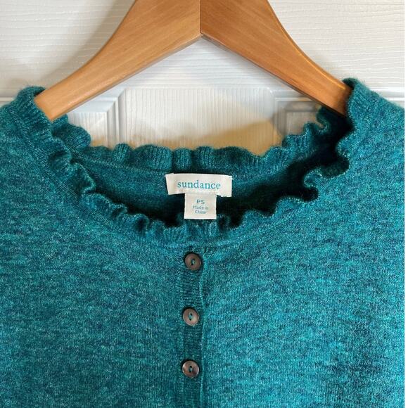 SUNDANCE Edwina Henley Cashmere Blend Ruffle Trim Sweater in Teal Green Sz Small - Picture 7 of 9